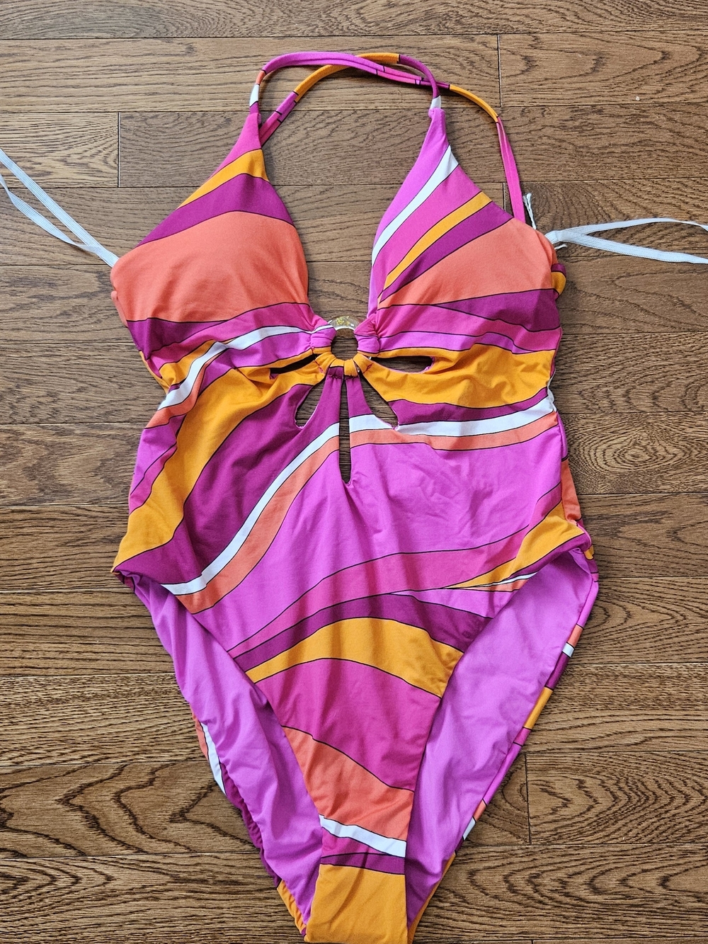 Brand New Woman One-Piece Swimsuit in Pink, Orange & Purple with Center Ring